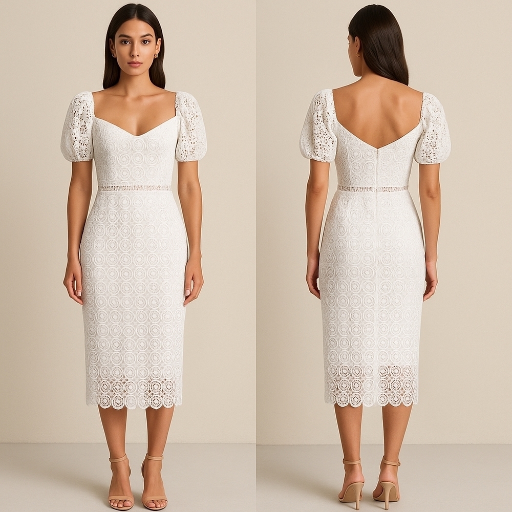 Express Woman's White Eyelet Lace Puff Sleeve Midi Dress XS – Bridal, Summer,